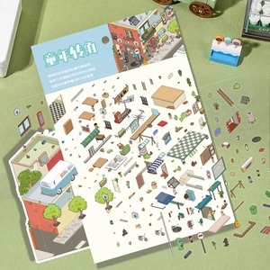 Macro detail of Childhood Corner retro 3D stickers with vintage building and van designs