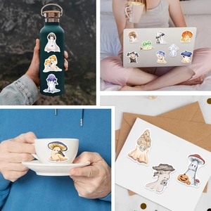 Waterproof Halloween mushroom ghost stickers on water bottle, laptop, and coffee cup