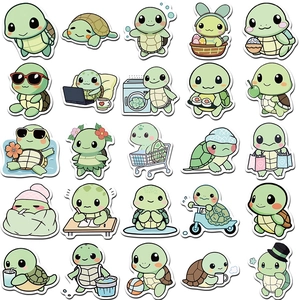 Collection of 25 cute green cartoon turtle stickers for laptops and luggage decoration