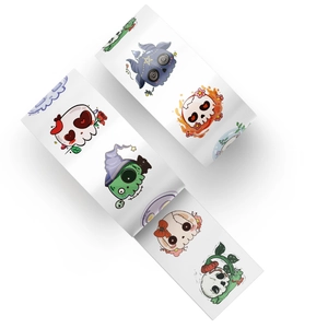 Macro view of three sticker rolls featuring colorful cartoon groovy skull patterns