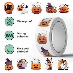 Detail of waterproof Halloween pumpkin stickers showing strong adhesive and easy peel features
