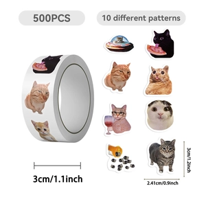Roll of 500 cartoon cat expression stickers featuring 10 unique patterns for decoration