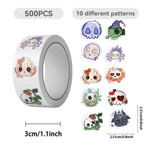 500pcs roll of 10 groovy cartoon skull stickers for Halloween DIY craft decoration