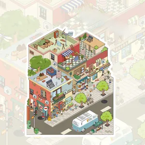 Detail of 3D miniature street block sticker with isometric residential buildings and figures