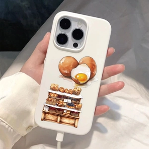 Close-up of white iPhone case with watercolor egg and bakery counter illustration