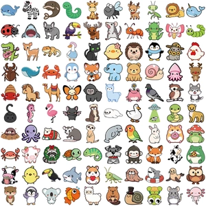 Detailed array of 100 original cartoon animal stickers for DIY laptop and guitar decor