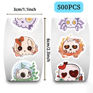 Detail showing 500pcs groovy cartoon skull stickers roll with 1.1 inch diameter dimensions