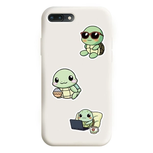 Detail of waterproof cartoon turtle stickers applied to a white smartphone case