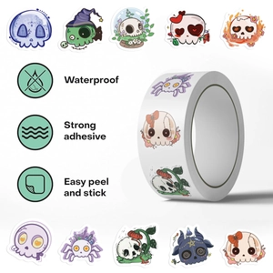 Detail of Groovy Skull decorative stickers roll showing waterproof cartoon skull patterns