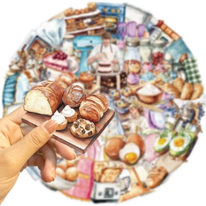 Detail shot of mini waterproof bakery stickers with bread, croissants and cupcakes motifs