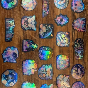 Assorted holographic laser animal and nature stickers with iridescent rainbow finish