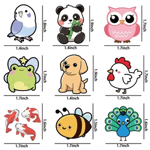 Detailed grid view of 9 cartoon animal stickers with precise size measurements