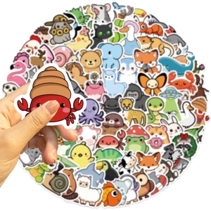 Detail showing a cute hermit crab sticker and a collection of various animal decals