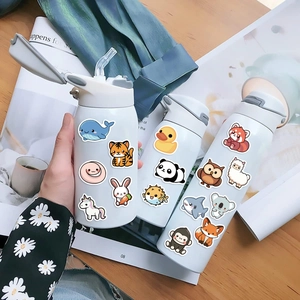 Waterproof cartoon animal graffiti stickers on white water bottle with 14 unique designs