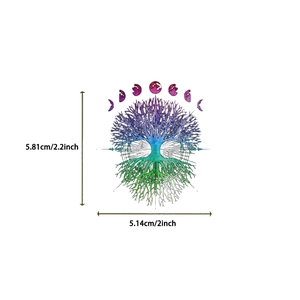 Detailed view of rainbow gradient Tree of Life sticker with moon phases and dimensions