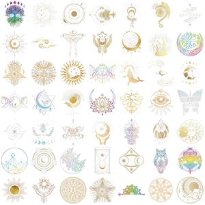 Set of 50 transparent gold celestial stickers featuring sun, moon, and star PET designs