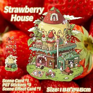 3D strawberry house DIY scenery stickers set with PET material and scene cards for journaling