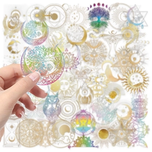 50 holographic celestial gold stickers featuring moon phases and tree of life patterns