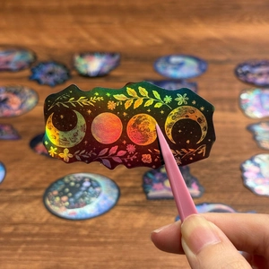 50pcs holographic laser moon phase and floral graffiti stickers for DIY laptop decoration
