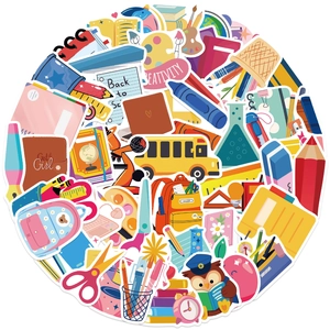 Detail view of colorful back to school cartoon stickers for laptop and guitar decoration