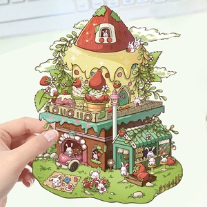 3D strawberry house paper craft with cute rabbits for DIY scrapbooking and room decor
