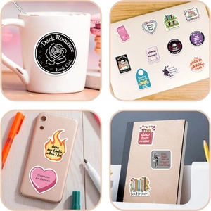 Détails d'autocollants imperméables thème lecture sur ordinateur, tasse et téléphone