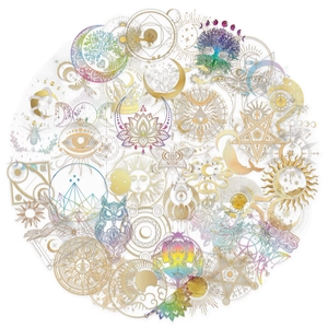 50pcs gold foil celestial stickers featuring moon, sun, and mystical pet patterns