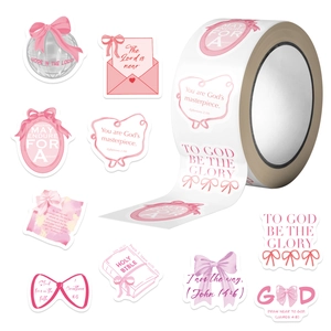 500-count pink Christian theme sticker roll with bow and heart scripture designs