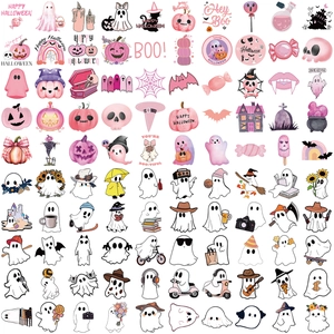 Set of 100 cute pink and white Halloween ghost stickers for laptop and guitar decoration