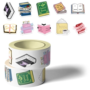 Vista detallada de rollos de pegatinas con 500 ilustraciones coloridas de libros