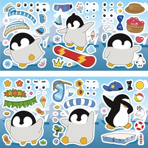 Set of 6 cartoon penguin DIY stickers with various outfits and accessories for kids' crafts