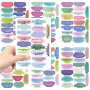 Close-up of colorful Bible verse stickers with scriptures for DIY journals and crafts