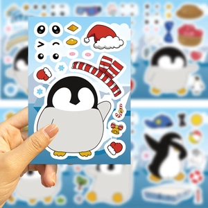 Detail showing a DIY cartoon penguin sticker set with various facial expressions and holiday gear
