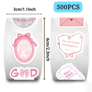 Close-up showing 3cm width of pink religious stickers roll with 500 decorative labels