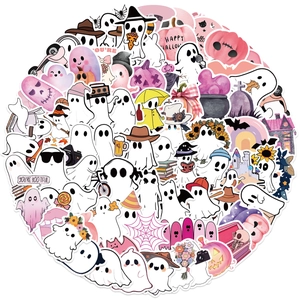 Set of waterproof cartoon Halloween ghost and pink pumpkin stickers for laptop decoration