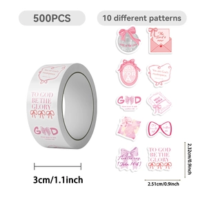 500pcs religious pink ribbon stickers roll with 10 unique Christian themed patterns