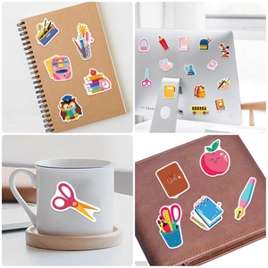 Visual showcase of cartoon school stickers applied on laptops, mugs, and notebooks