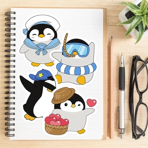 DIY cartoon penguin stickers with sailor and diving themes on a lined notebook page