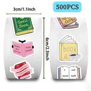 Detalle de 500 pegatinas de lectura con etiquetas de 3cm y dimensiones en fondo blanco