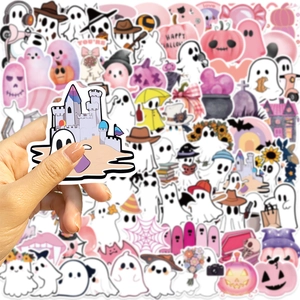 Detailed view of pink Kawaii Halloween ghost stickers for DIY laptop and guitar decoration
