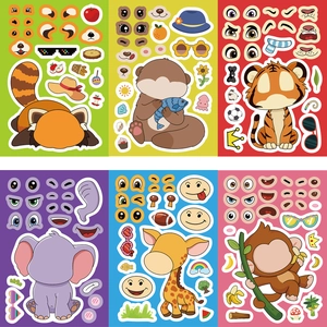 Detailed view of six cartoon animal DIY stickers including panda, tiger and elephant