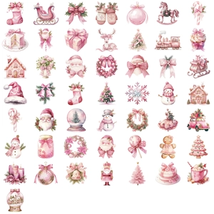 Lot de 50 stickers de Noël aquarelle rose avec Père Noël, rennes et sapins décoratifs