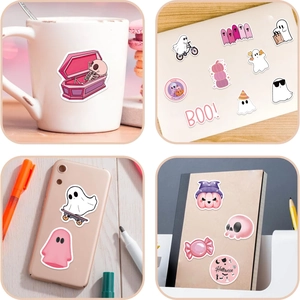 100pcs pink Halloween cartoon ghost stickers for laptop, guitar and DIY waterproof decor