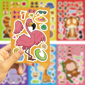 DIY flamingo sticker sheet with various face expressions and summer accessories for kids