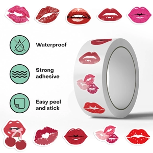 Roll of 500 red lip pattern decorative stickers with waterproof and strong adhesive backing