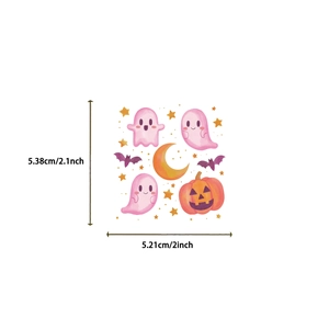 Detailed size chart for pink cartoon Halloween stickers featuring cute ghosts and pumpkins