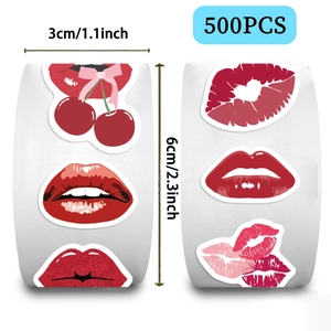Detailed size view of 500 red lip stickers per roll with 1.1 inch diameter markers