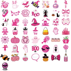 50 pieces pink Halloween cartoon stickers set with ghost and pumpkin icons for decoration