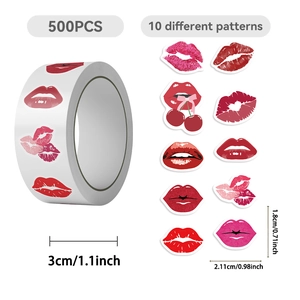 Detail view of 10 lip print sticker designs with size specs and 500 count roll