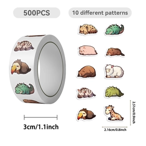 Detailed view of 500pcs roll stickers featuring 10 assorted cute cartoon animal patterns